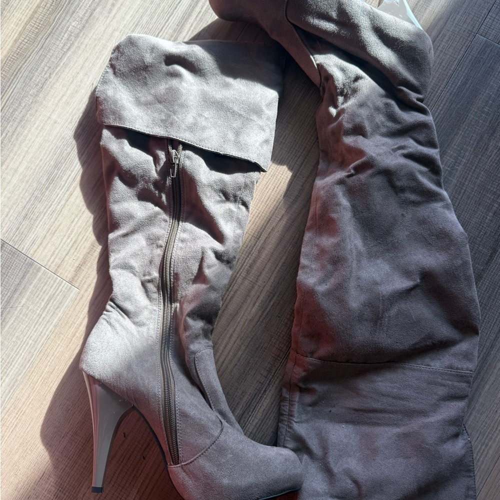 Tan Suede-Like Knee-High Boots